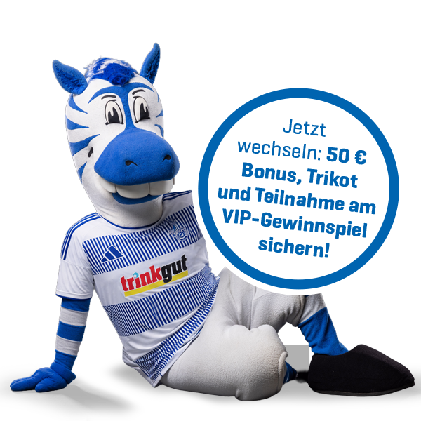 Das Maskottchen des MSV Duisburg mit Hinweisen zur Aktion